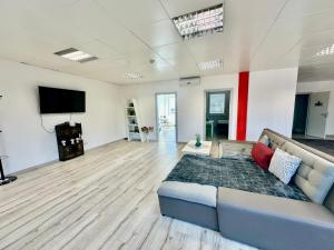 a large living room with a couch and a flat screen tv at Kobra Apartment für Gruppen perfekt geeignet in Spielberg