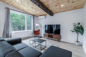 een woonkamer met een bank en een tv bij Villa Le Frigg spa swimming pool in Valcartier Station
