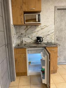 eine Küche mit offenem Kühlschrank und Mikrowelle in der Unterkunft Masažinis baseinas senamiestyje in Klaipėda