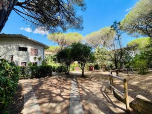 a house with a fence and trees in a yard at Il canto della pineta in Principina a Mare