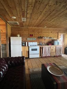 a kitchen with a couch and a white refrigerator at The Blues House Yellow Rose Canyon in Mount Enterprise +7 photos