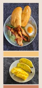 two pictures of a plate of food with an egg and fried food at Saphaothong guesthouse in Vang Vieng