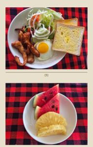 two pictures of two plates of food with breakfast foods at Saphaothong guesthouse in Vang Vieng