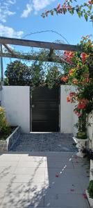 un garage con una porta nera e alcuni fiori di private guest suite at sorrento a Gold Coast