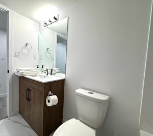 a bathroom with a toilet and a sink and a mirror at Trueserve in Winnipeg