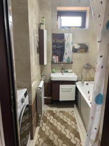 a small bathroom with a sink and a washing machine at Guest house Janara 