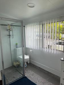 a bathroom with a toilet and a glass shower at CozyHomes Woolloongabba B&B in Brisbane