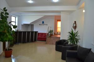 a lobby with couches and a red couch at Hotel Corsar in Tulcea