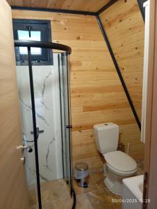 a bathroom with a toilet and a wooden wall at La Vica Bungalow in Rize +15 photos