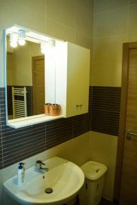 クルジュ・ナポカにあるAdrianApartments ViVaのバスルーム(洗面台、鏡、トイレ付)