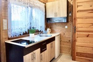a kitchen with a sink and a window at Domki i Pokoje u Asi in Stegna