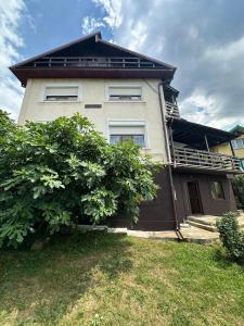 a large white house with a tree in front of it at La Colonelu in Sărata-Monteoru