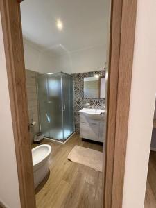 a bathroom with a toilet and a shower and a sink at Agriturismo Tenuta la Monaca in Aradeo