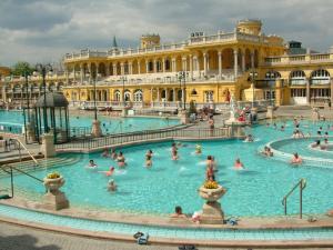 a group of people in a swimming pool in a building at Little Americas SoHo Apartments in Budapest