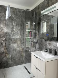 un bagno con doccia, lavandino e specchio di Apartament Ilinca - 2 dormitoare a Bistriţa
