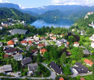 an aerial view of a small town next to a lake at Guesthouse Marko in Bled