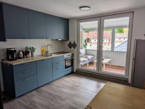 a kitchen with blue cabinets and a view of a patio at Harzflair am Hausberg - Große moderne 135qm Ferienwohnung mit Balkon für bis zu 6 Gäste im Zentrum in Bad Lauterberg