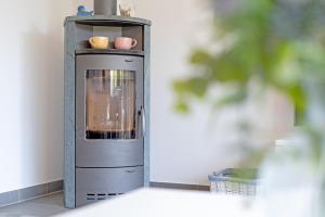 a stove with two pots on top of it at Fehmarnwelle in Niendorf
