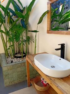 a bathroom with a sink on a table with a plant at Coral Drift Beach Bungalow in Gili Air
