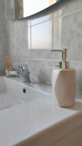 a white bathroom sink with a soap dispenser on it at Flat n 11 Vista Mare in Alba Adriatica +19 photos