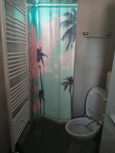 a bathroom with a shower curtain with a toilet at Apartman sa garažom i internetom in Sarajevo +17 photos