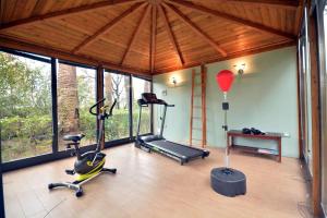a gym with a treadmill and a exercise bike in a room at Villa della Contessa Cangini di Volterra con piscina e parco privato in Castiglioncello