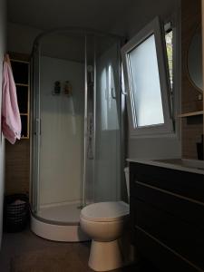 a bathroom with a shower and a toilet and a window at SUNNY Rest Nest in Pakoštane +23 photos