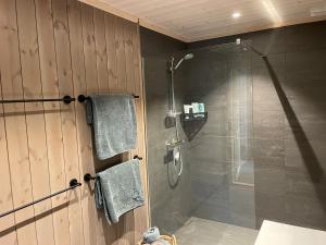 a bathroom with a shower with a glass door at MYLLA - New cabin - Sauna - Hike - Bike - Canoe- Fishing in Jevnaker +35 photos