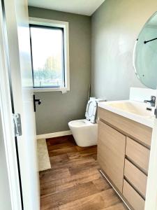 a bathroom with a toilet and a sink and a window at Self check-in studio with bathroom in Te Miro