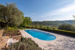 a swimming pool in a garden with a mountain in the background at Beautiful villa with private garden and pool in Costermano sul Garda