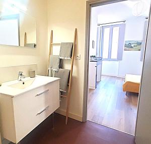 a bathroom with a sink and a mirror at Hypercentre Capitole T2 vaste et lumineux in Toulouse +7 photos