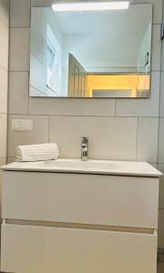 a bathroom with a sink and a mirror at Ferienhaus Marie in Wittenbeck +30 photos