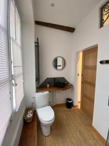 a bathroom with a white toilet and a wooden floor at Le Domaine de Toussacq in Villenauxe-la-Petite