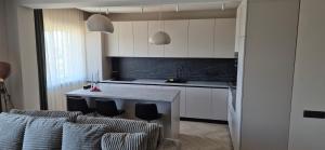 a kitchen with a couch and a kitchen island at FLH - Făgaraș Mountain View in Şelimbăr