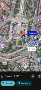 a map of a street with a red circle on it at NDK NEST 2BR Apartment in the Heart of Sofia in Sofia