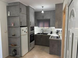 a kitchen with gray cabinets and a white refrigerator at Zeka house in Eretria