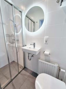 a bathroom with a toilet and a sink and a mirror at Hello Zeeland - Vakantiewoning Schuurmanstraat 75b in Domburg
