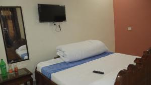 a bedroom with a bed with a pillow and a mirror at Hotel Abhinandan Inn in Prayagraj