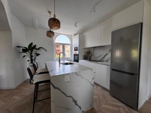 a kitchen with a counter and a refrigerator at Apartamento Casa la Rubia Jaca in Jaca