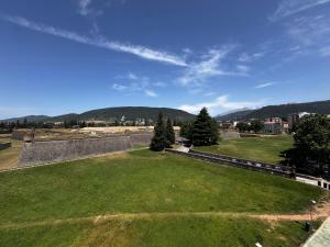 a large grassy field with trees and mountains in the background at Apartamento Casa la Rubia Jaca in Jaca +11 photos