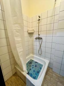 a bathroom with a tub with a shower at Manto Apartment in Klaipėda
