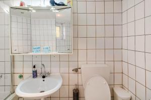 a bathroom with a toilet and a sink and a mirror at Haus am Rand des Harz in Bad Lauterberg +32 photos