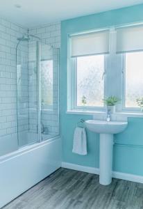 a blue bathroom with a sink and a shower at Secluded 3 bed cottage in private parkland in Brockenhurst