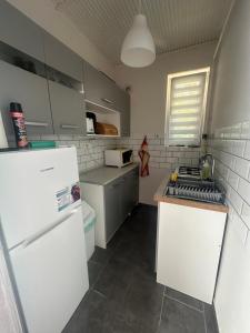 een keuken met een witte koelkast en een spoelbak bij Berzsenyi Ház in Balatonfenyves +5 foto's