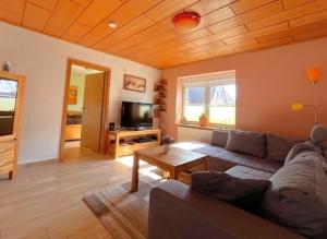 a living room with a couch and a tv at Ferienwohnung Gartenglück bei Eckernförde in Kochendorf