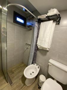 a bathroom with a shower and a toilet and a sink at Cabañas boutique Huella Andina in Potrerillos