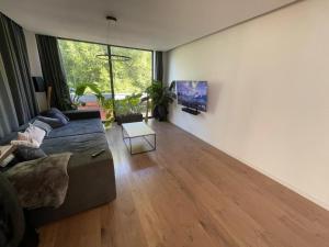 a living room with a couch and a table at Modernes Apartment - zentral - nahe Hamburg & Lübeck in Bad Oldesloe