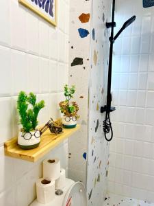 a bathroom with plants on a shelf above a toilet at Chic Design Stay With a Chocolate Welcome Gift in Agadir