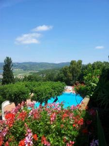 a swimming pool with colorful flowers in front of it at Casa Oliva Ansedonia in Ansedónia