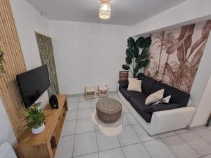 a living room with a black couch and a tv at Maison cocon Bali in Saint-Pierre-des-Corps